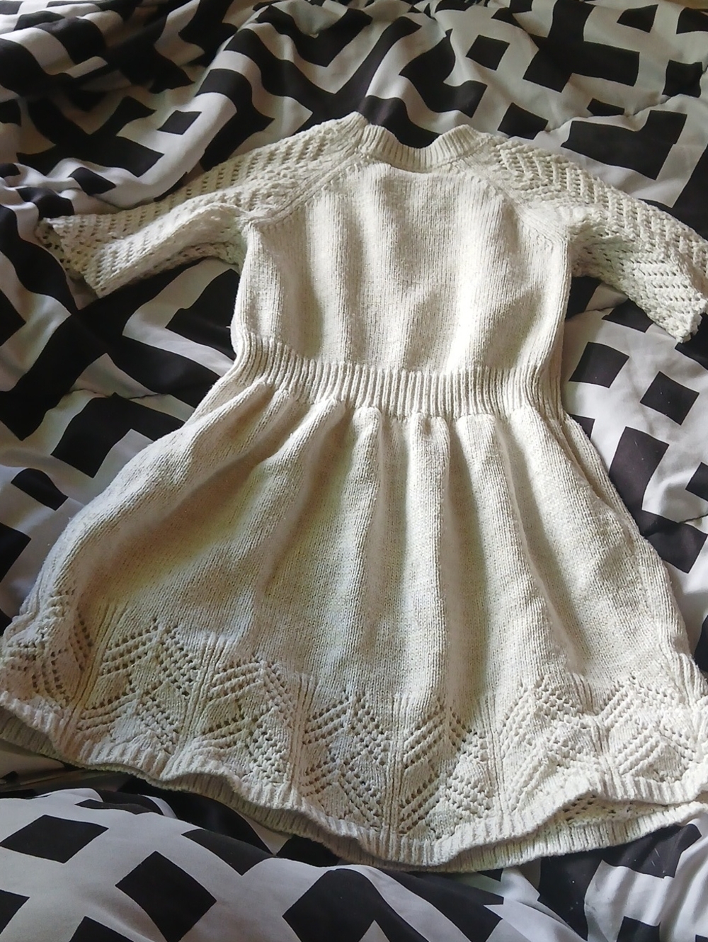 Cream Knit Girls Dress with Lace-Style Hem